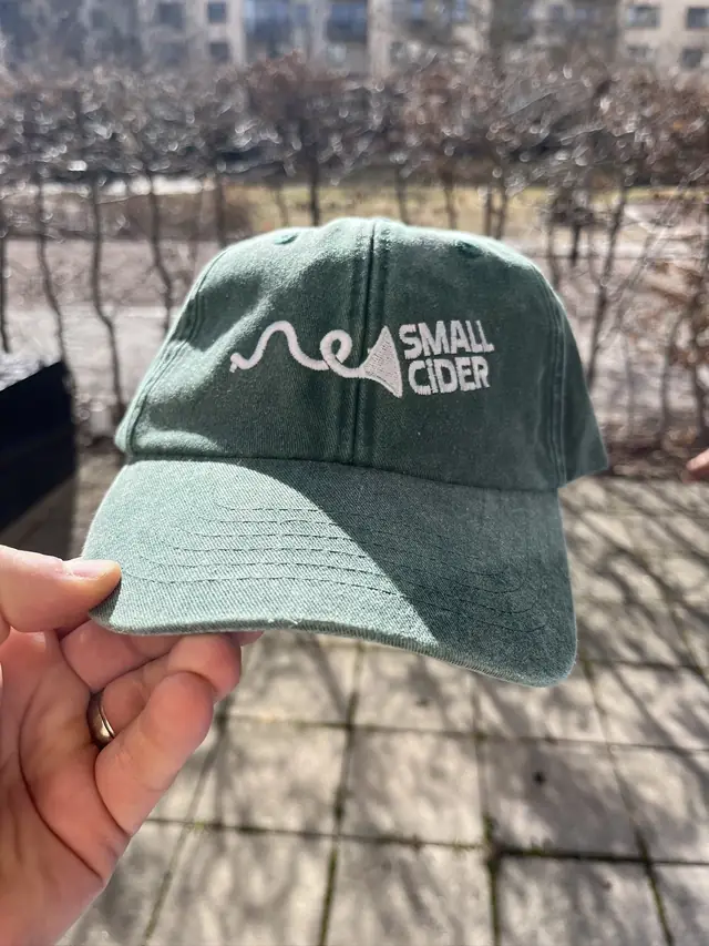 Green Small Cider dad hat held up in sunlight